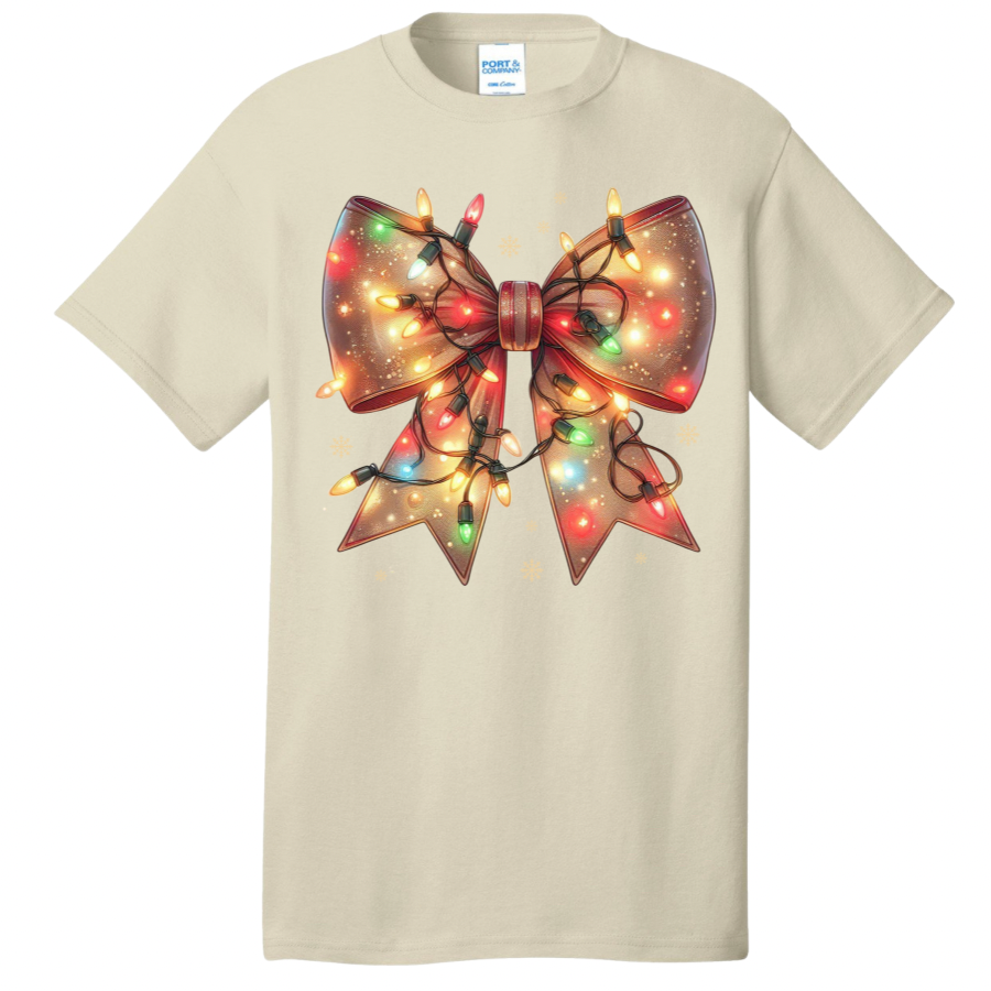 Holiday Lights Bow Sweatshirt or T-shirt Shirts & Tops Rose's Colored Designs Tan T-shirt Small