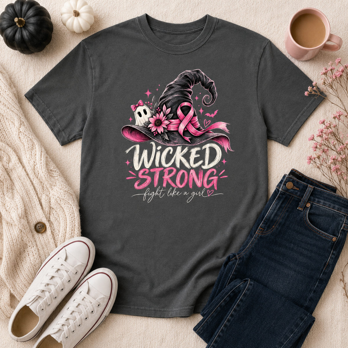 Wicked Strong Pink Ribbon Halloween Graphic Tee T-Shirt Rose's Colored Designs Pepper Small