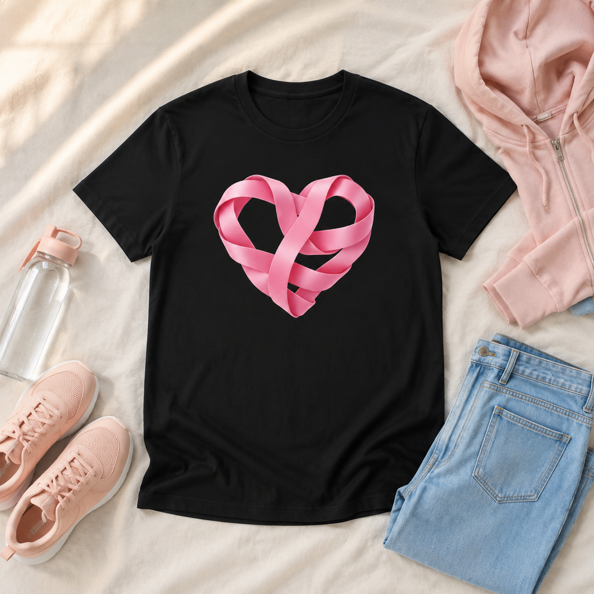 Pink Ribbon Heart Breast Cancer Awareness Tee T-Shirt Rose's Colored Designs Black Small