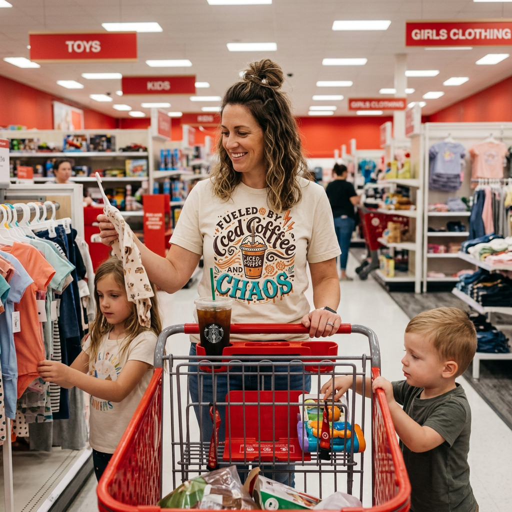 A woman in a Target store pushes a shopping cart with two children. She is wearing a beige graphic T-shirt with a coffee cup design and the words 'FUELED BY Cold Coffee AND CHAOS'.