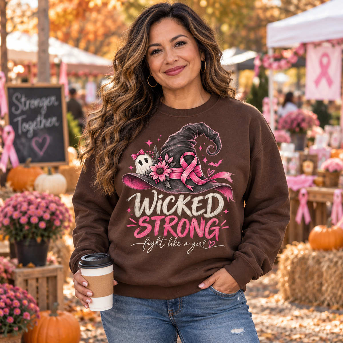 Wicked Strong Breast Cancer Awareness Crewneck Sweatshirt Sweatshirt Rose's Colored Designs Brown Small