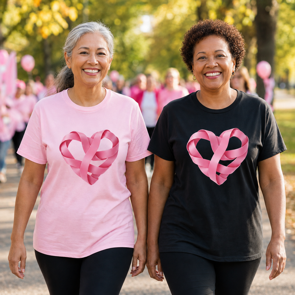 Two women wearing our Pink Ribbon Awareness Tee. Women on left is wearing a pink tee and the women on the right is wearing a black tee. They are walking at a fundraiser. 