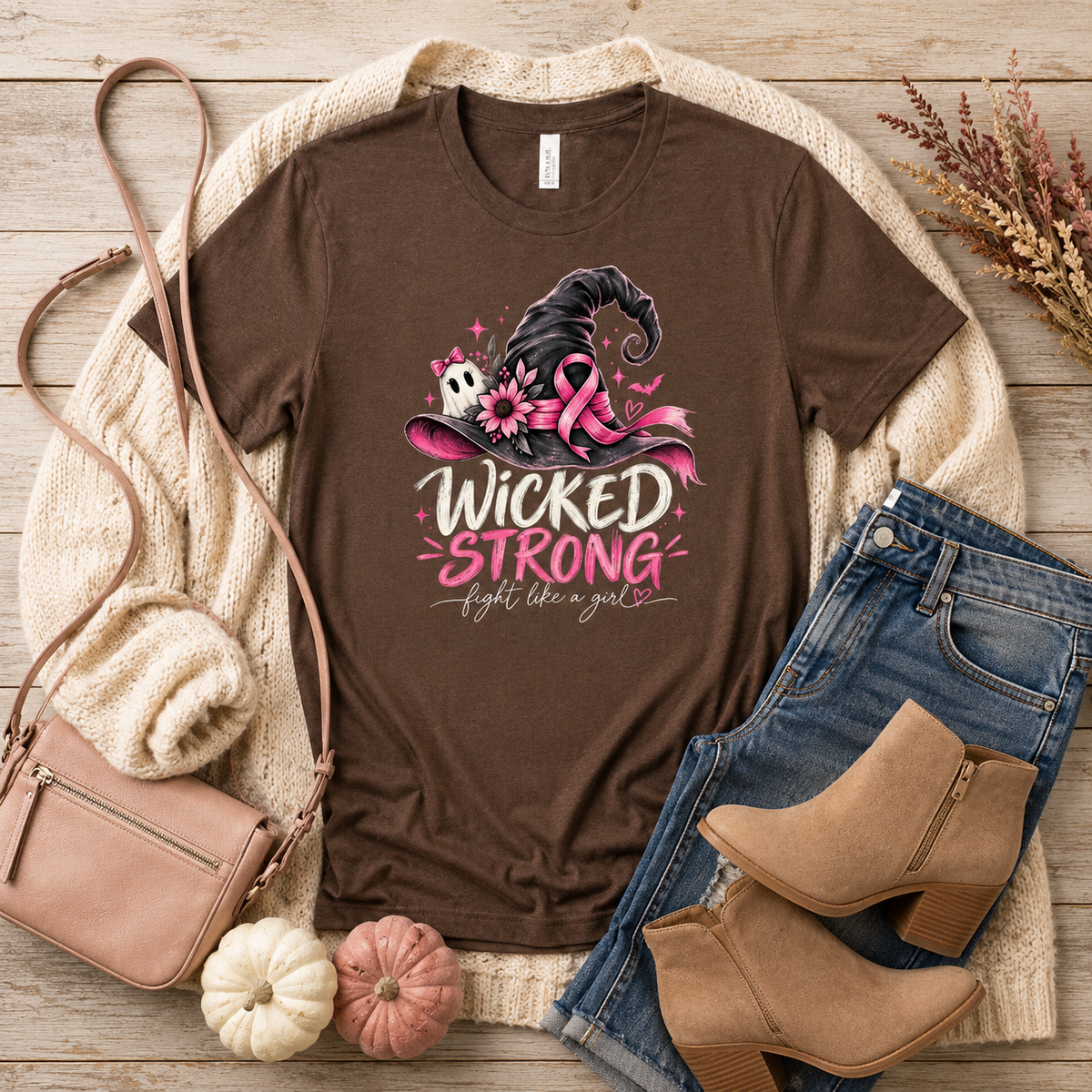 Wicked Strong Pink Ribbon Halloween Graphic Tee T-Shirt Rose's Colored Designs Brown Small