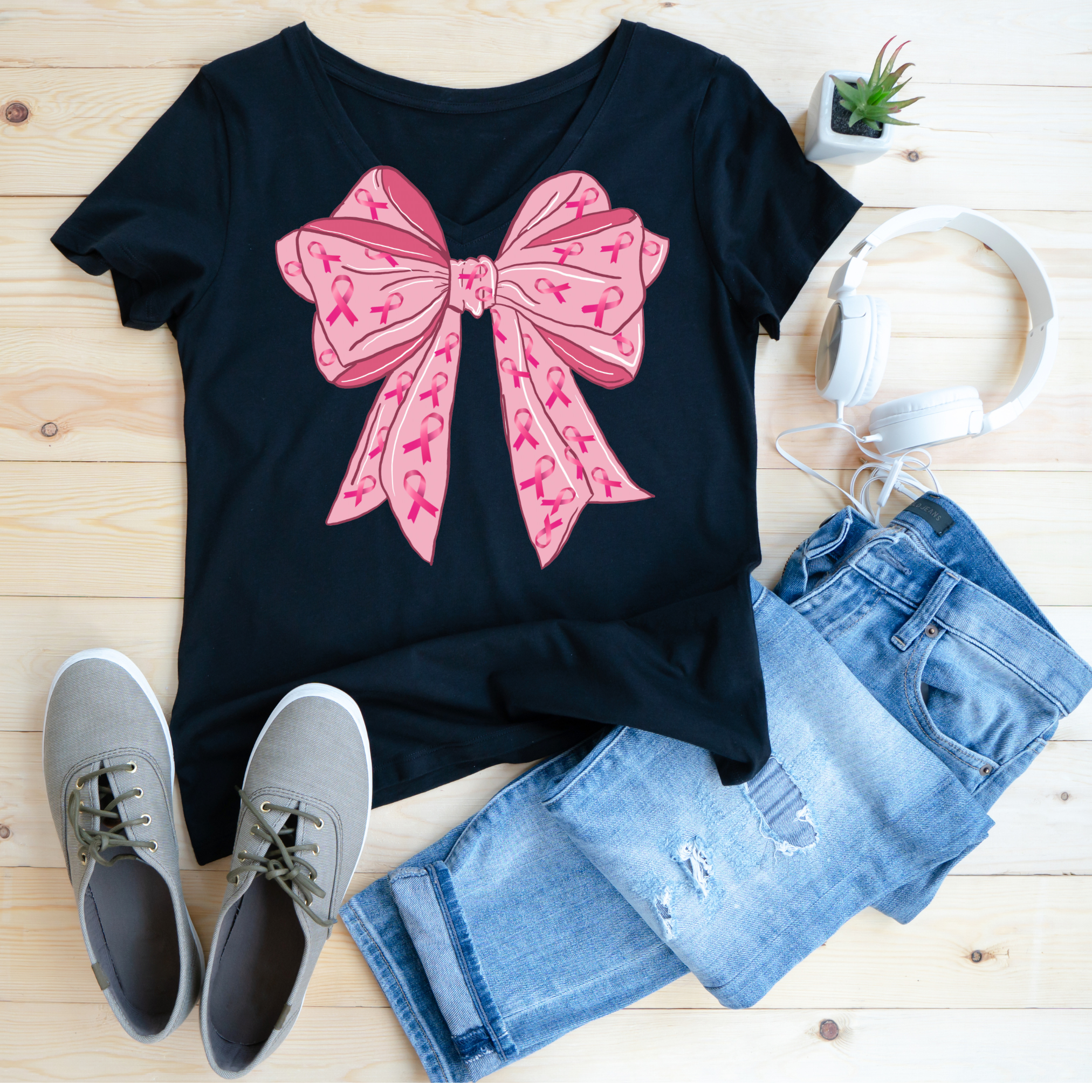 Pink Bow Breast Cancer Tshirt. Black, Pink or Gray Shirts & Tops Rose's Colored Designs   