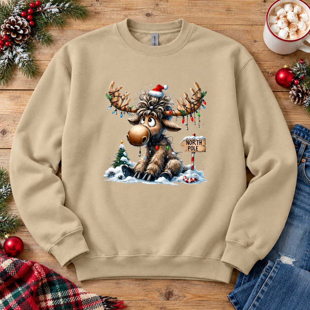 North Pole Moose Christmas Crewneck Sweatshirt Sweatshirt Rose's Colored Designs Small