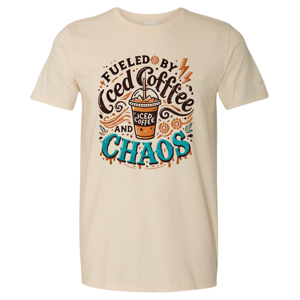 Fueled By Iced Coffee & Chaos cream graphic tee flat lay - Rose's Colored Designs