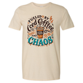 Fueled By Iced Coffee & Chaos cream graphic tee flat lay - Rose's Colored Designs