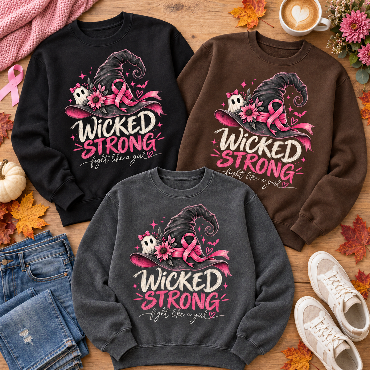Wicked Strong Breast Cancer Awareness Crewneck Sweatshirt Sweatshirt Rose's Colored Designs