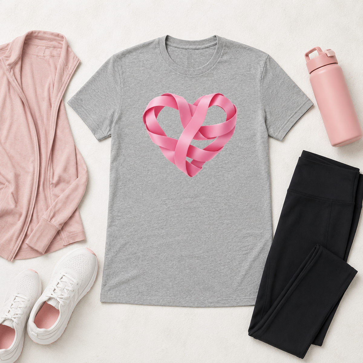 Pink Ribbon Heart Breast Cancer Awareness Tee T-Shirt Rose's Colored Designs Gray Small