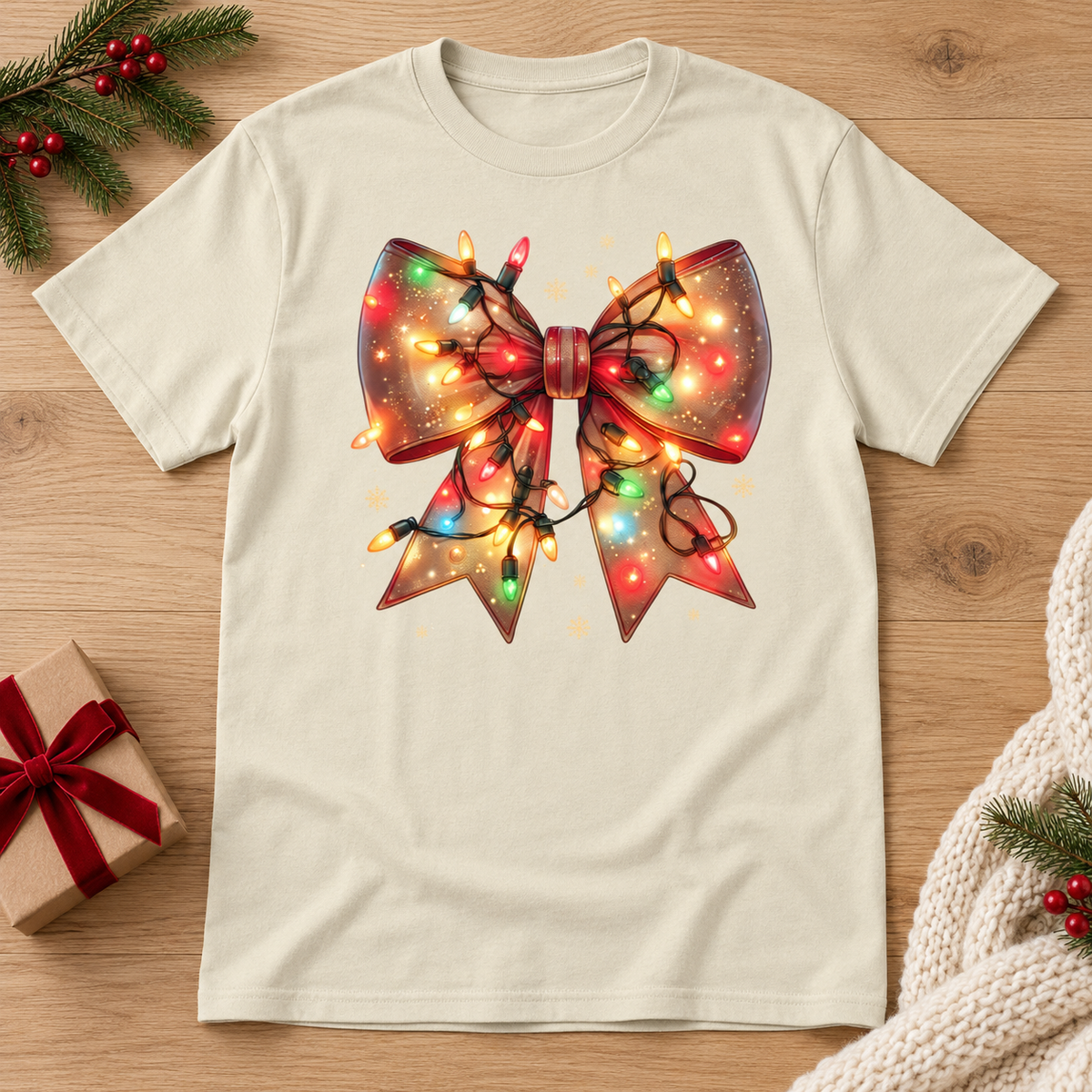 Christmas Lights Bow Graphic Tee T-Shirt Rose's Colored Designs Small