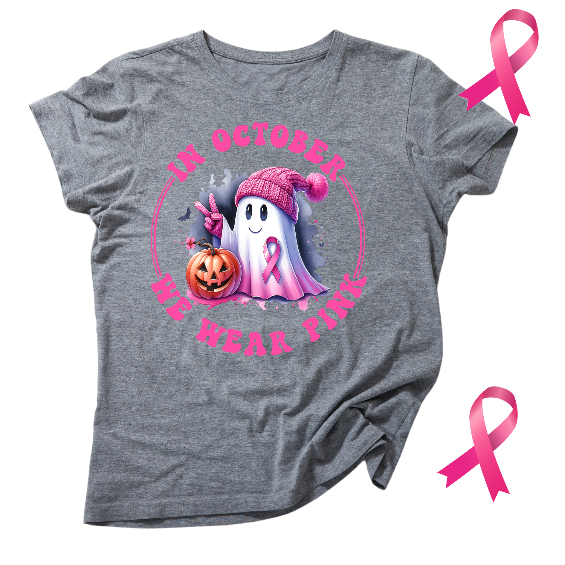 In October We Wear Pink Tee – Breast Cancer Awareness Shirt Shirts & Tops Roses Colored Designs Small Gray