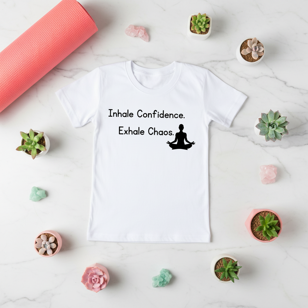 A white short-sleeve T-shirt laid flat on a light marble surface, printed with the black text 'Inhale Confidence. Exhale Chaos.