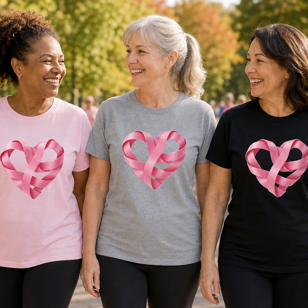 Three women walking together outdoors wearing matching graphic T-shirts with pink ribbon hearts. The shirts are in light pink, heather gray, and black, with the women smiling and laughing in a park setting.