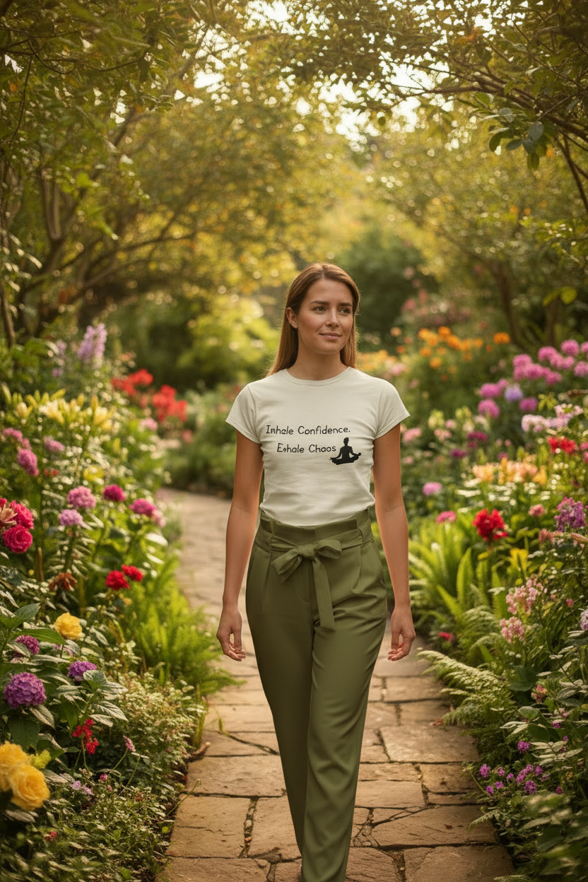 A woman stands on a stone garden path wearing a white graphic t-shirt that reads 'Liberate Confidence' with a black silhouette of a person meditating, paired with olive green drawstring pants, surrounded by lush green foliage and colorful flowers.