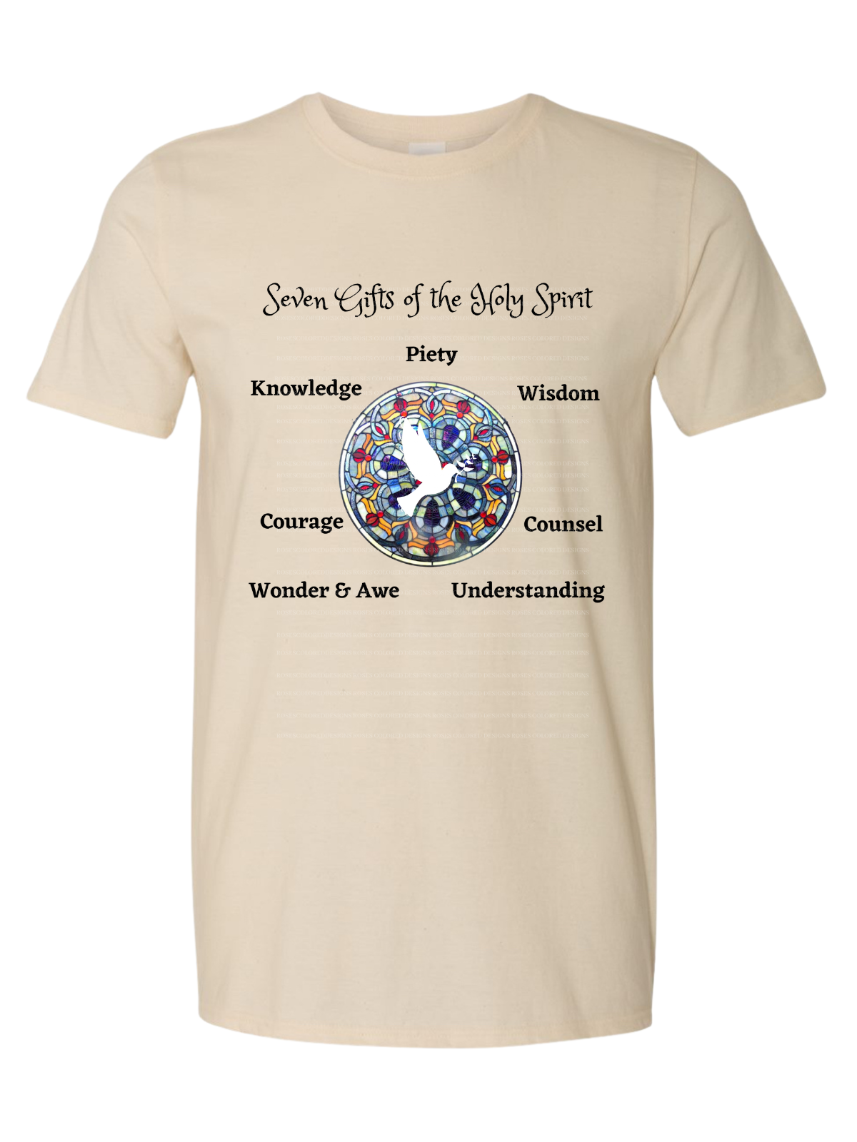 Seven Gifts & Fruits of the Holy Spirit Tee (Front + Back Print) | Faith Shirt Gift Shirts & Tops Rose's Colored Designs 7 Gifts of the Holy Spirit Small Front