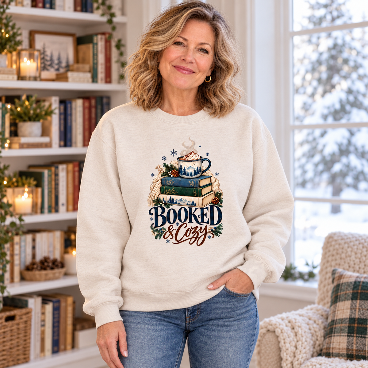 Booked & Cozy Book Lover Sweatshirt Sweatshirt Rose's Colored Designs