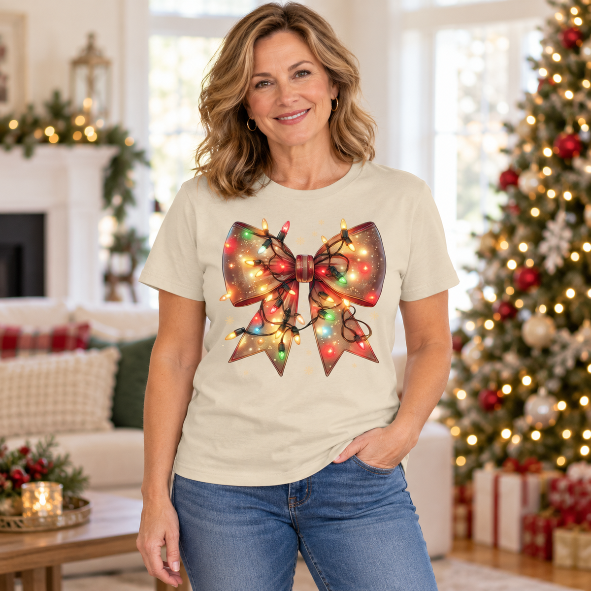 Christmas Lights Bow Graphic Tee T-Shirt Rose's Colored Designs