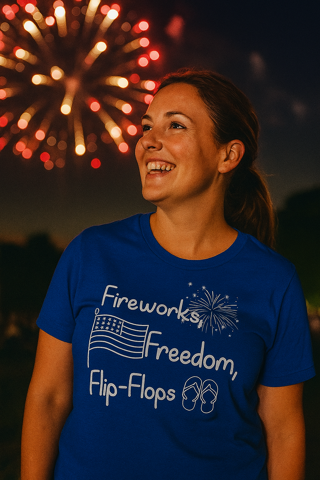 Fireworks, Freedom, Flip-Flops Tee Shirts & Tops Rose's Colored Designs