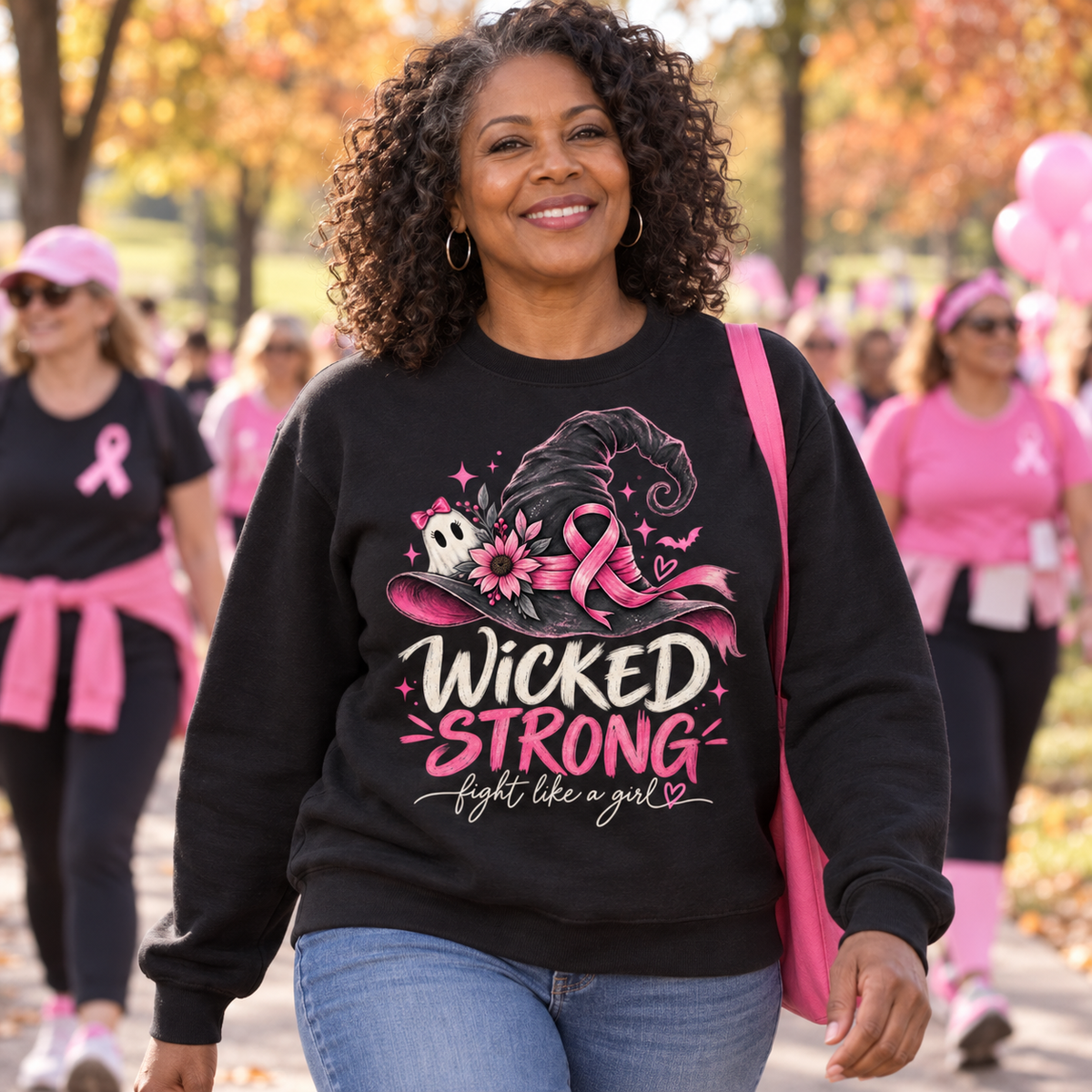 Wicked Strong Breast Cancer Awareness Crewneck Sweatshirt Sweatshirt Rose's Colored Designs Black Small