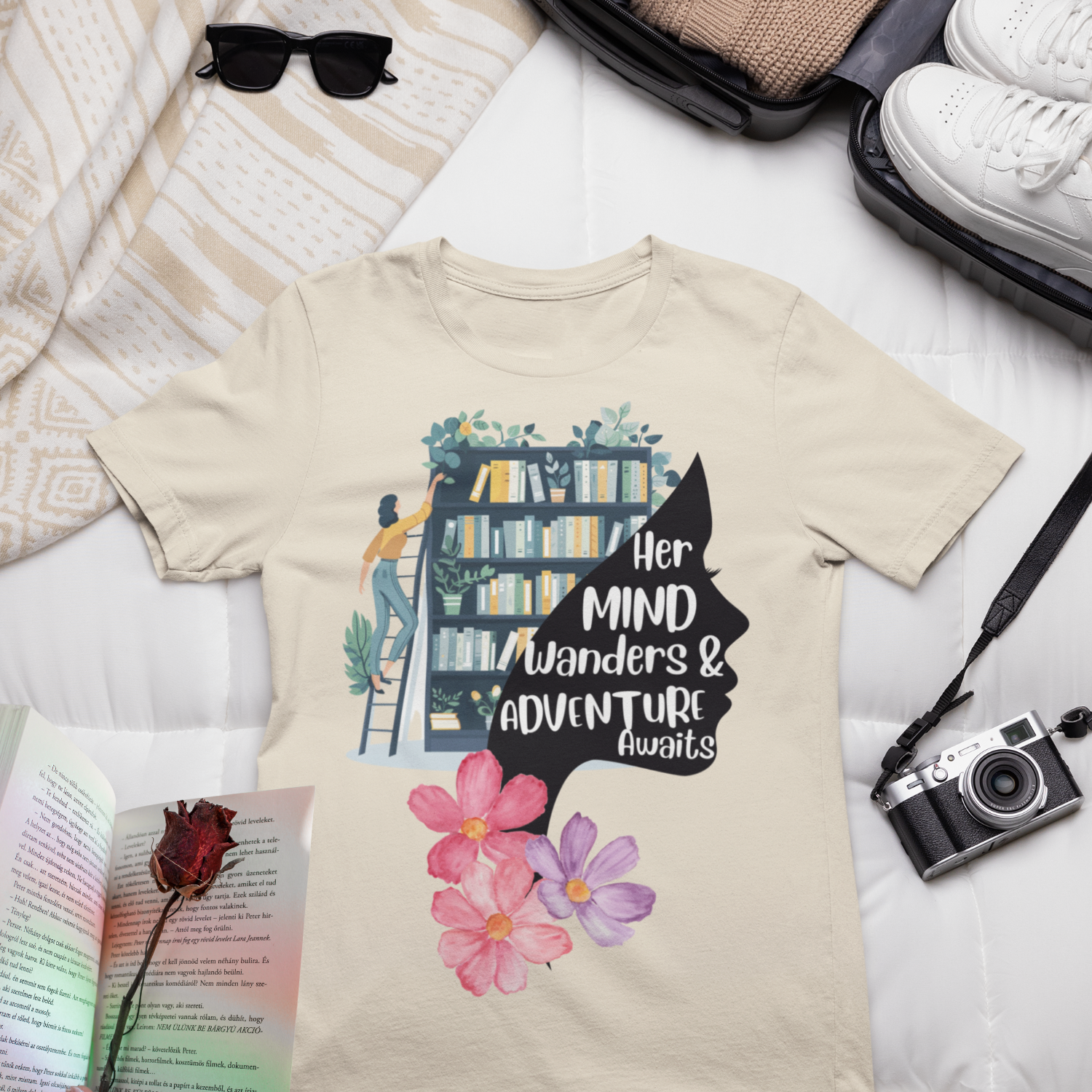 Her Mind Wanders & Adventure Awaits Tee Tshirt Rose's Colored Designs    