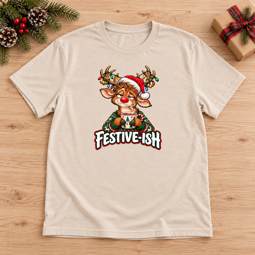 Festive-ish Reindeer Graphic Tee - Sand Graphic Tee Rose's Colored Designs Small
