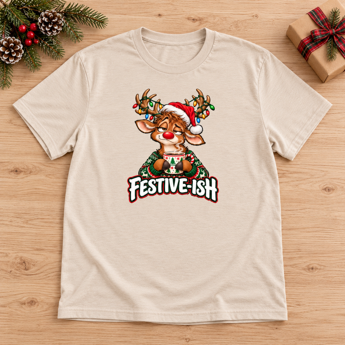 Festive-ish Reindeer Graphic Tee - Sand Graphic Tee Rose's Colored Designs Small