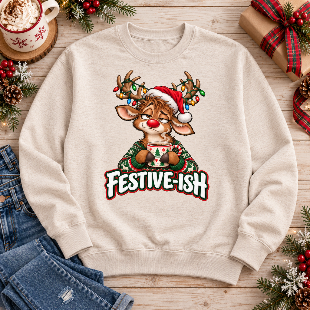Festive-ish Reindeer Crewneck Sweatshirt Sweatshirt Rose's Colored Designs Small