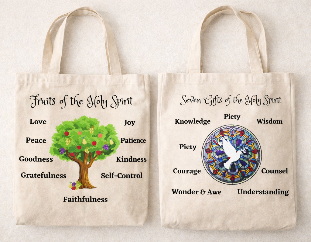 Fruits & Seven Gifts of the Holy Spirit Canvas Tote Bag Tote Rose's Colored Designs