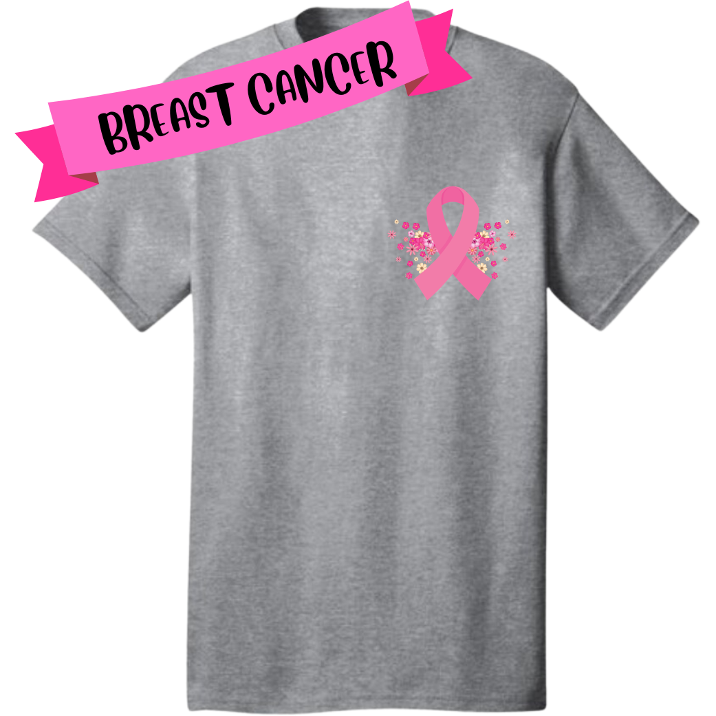 Ribbon & Flowers Breast Cancer Awareness Tee Tshirt Rose's Colored Designs Gray Small