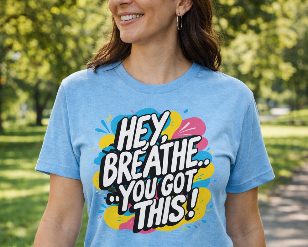 Mama in the park wearing a blue tee with the saying ‘Hey, Breathe … You Got This!’