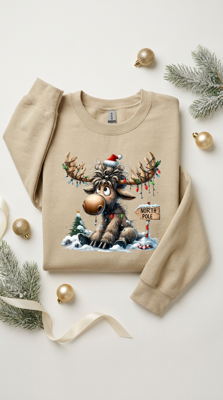 North Pole Moose Christmas Crewneck Sweatshirt Sweatshirt Rose's Colored Designs