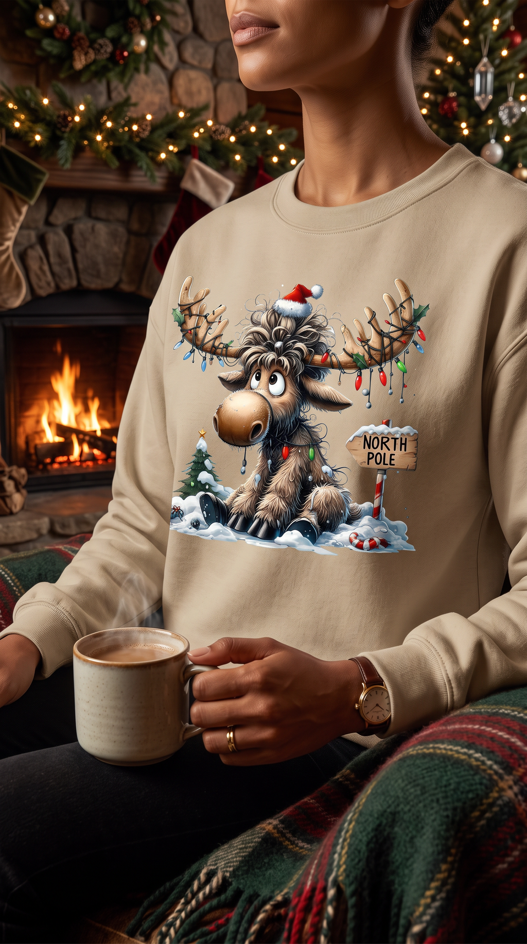 North Pole Moose Christmas Crewneck Sweatshirt Sweatshirt Rose's Colored Designs