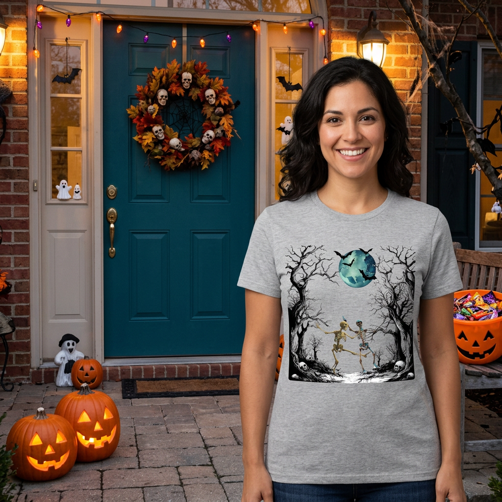 Dancing Skeletons Halloween tee in natural - flat lay