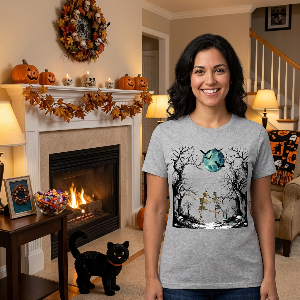 Dancing Skeletons Halloween tee in heather gray - flat lay