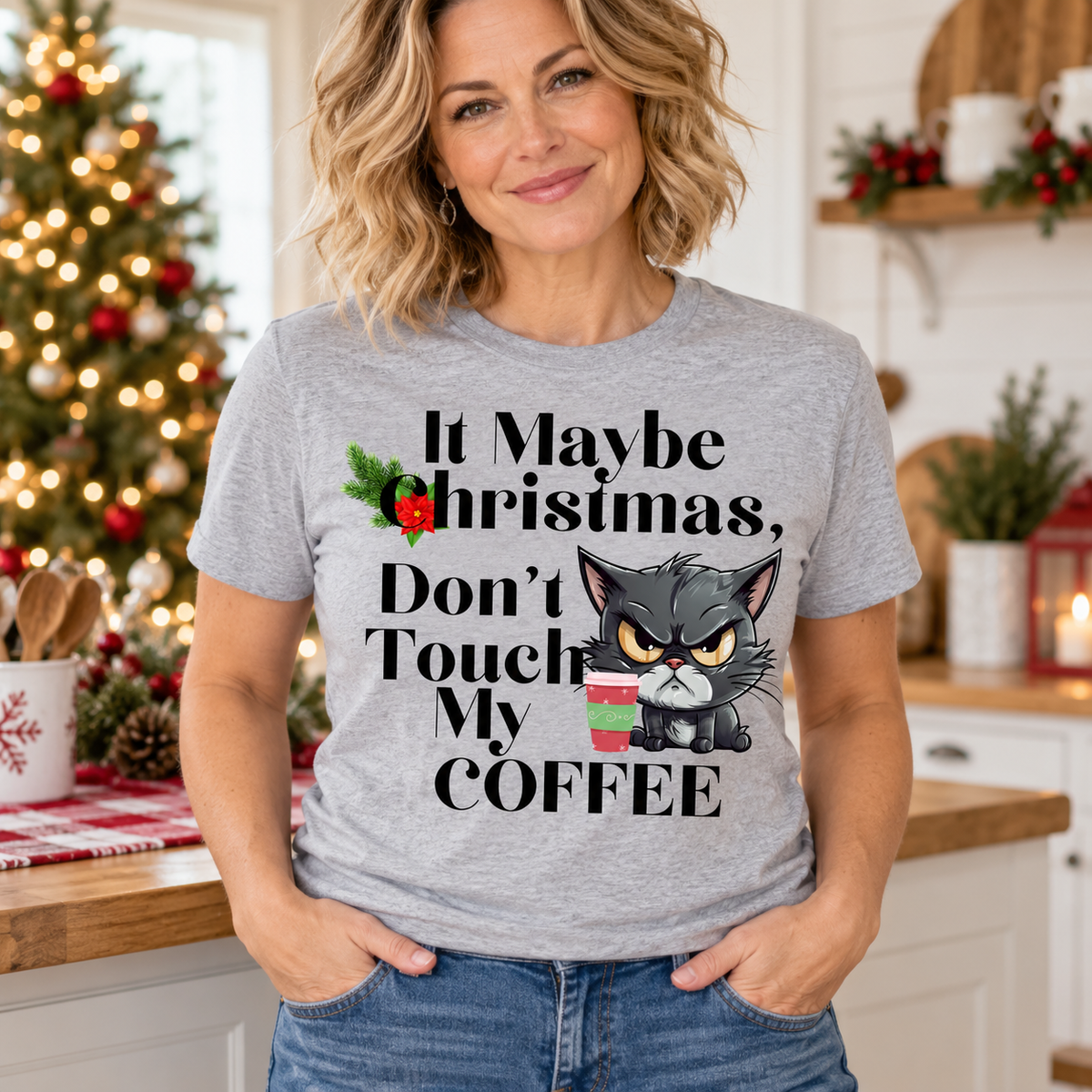 Don’t Touch My Coffee Christmas Cat Tee T-Shirt Rose's Colored Designs