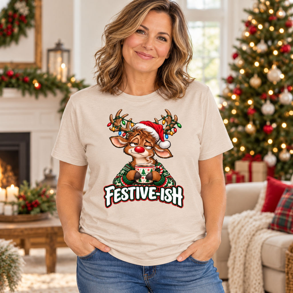 Festive-ish Reindeer Graphic Tee - Sand Graphic Tee Rose's Colored Designs