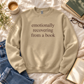 Sand sweatshirt. Size S-3XL, Emotionally recovering from a Book crewneck sweatshirt flat lay with books, coffee and jeans