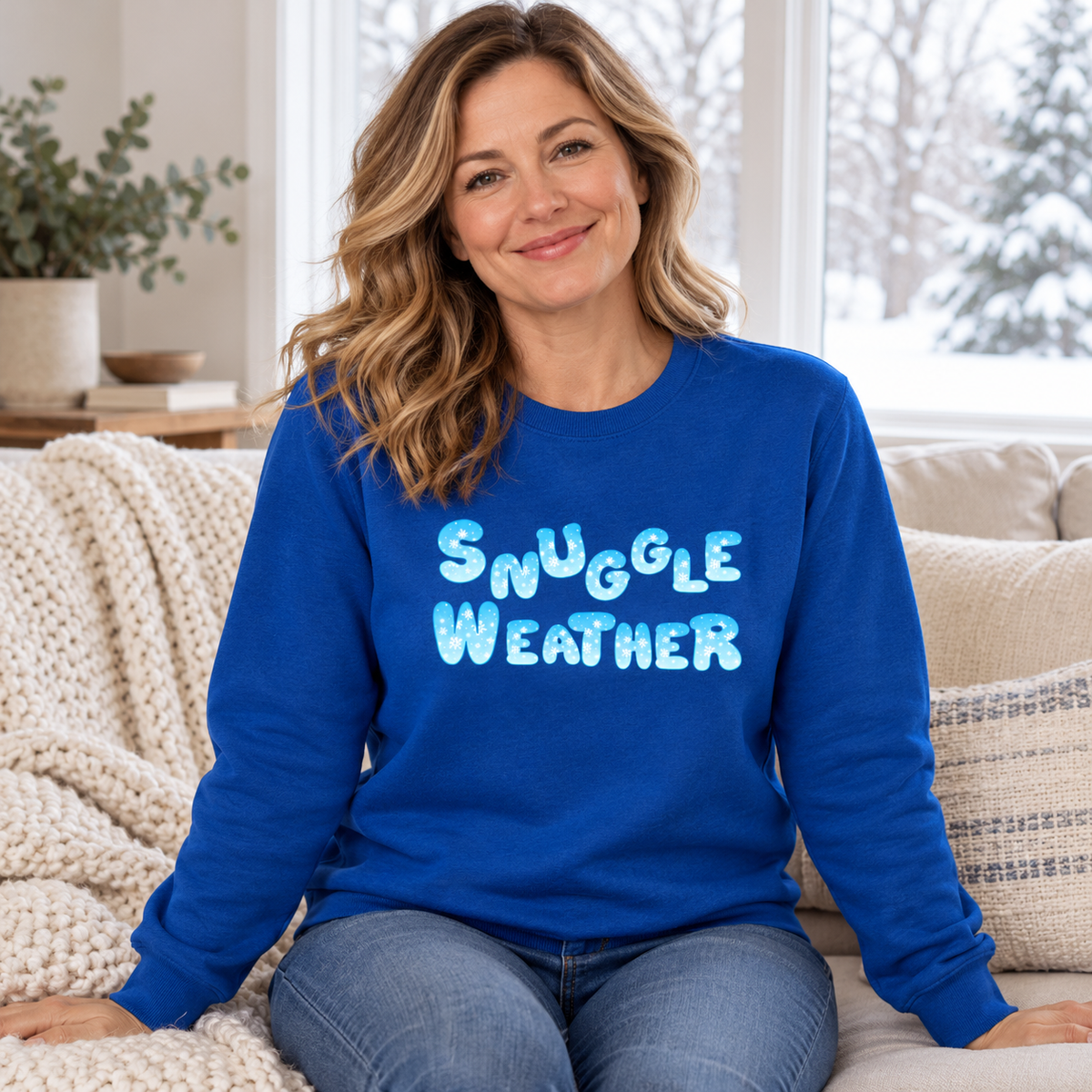 A woman sitting on a beige couch wearing a royal blue sweatshirt with the phrase 'SNUGGLE WEATHER' printed in light blue across the chest. The background shows a cozy living room setting with a window, a plant, and a blanket.