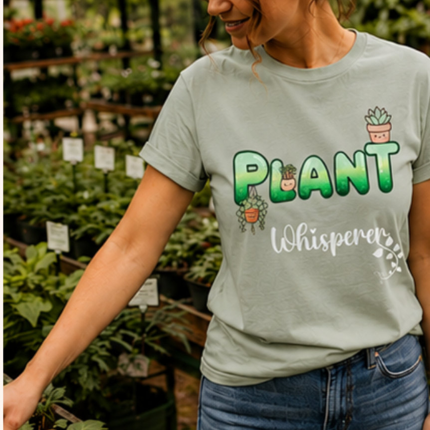 Woman wearing a 'Plant Whisperer' t-shirt in a greenhouse