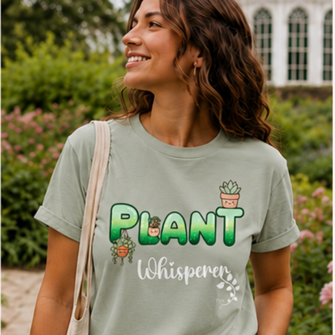 Woman wearing a t-shirt with 'Plant Whisperer' design in a garden setting