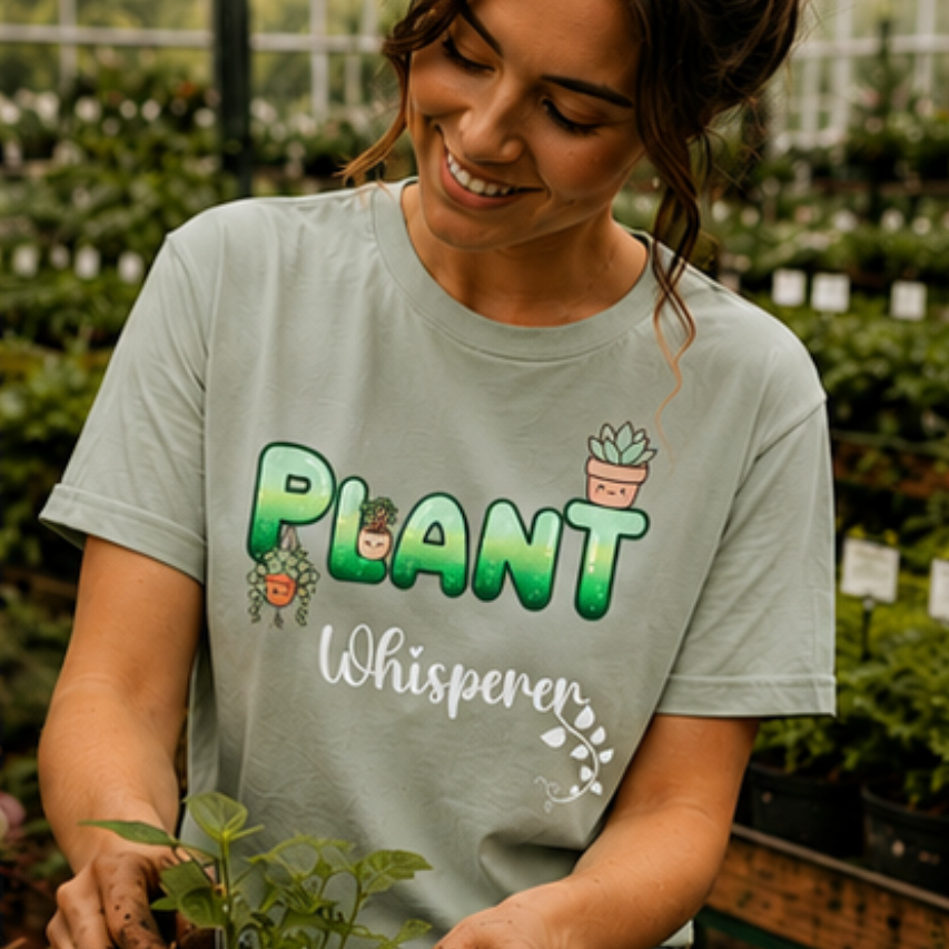 Woman in a greenhouse wearing a 'Plant Whisperer' t-shirt.