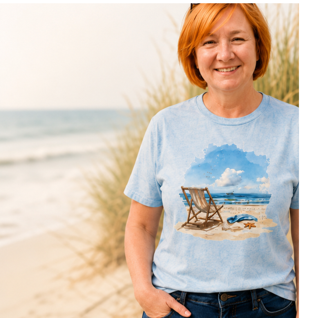 Woman wearing a light blue t-shirt with a beach scene design, standing on a sandy beach.