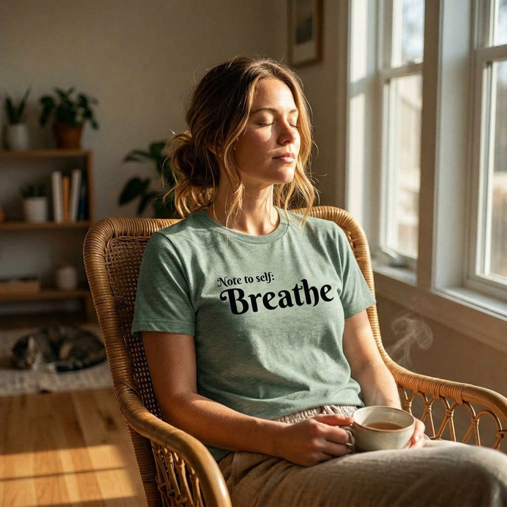 Woman sitting in a chair holding a cup, wearing a t-shirt with 'Note to self: Breathe' text.