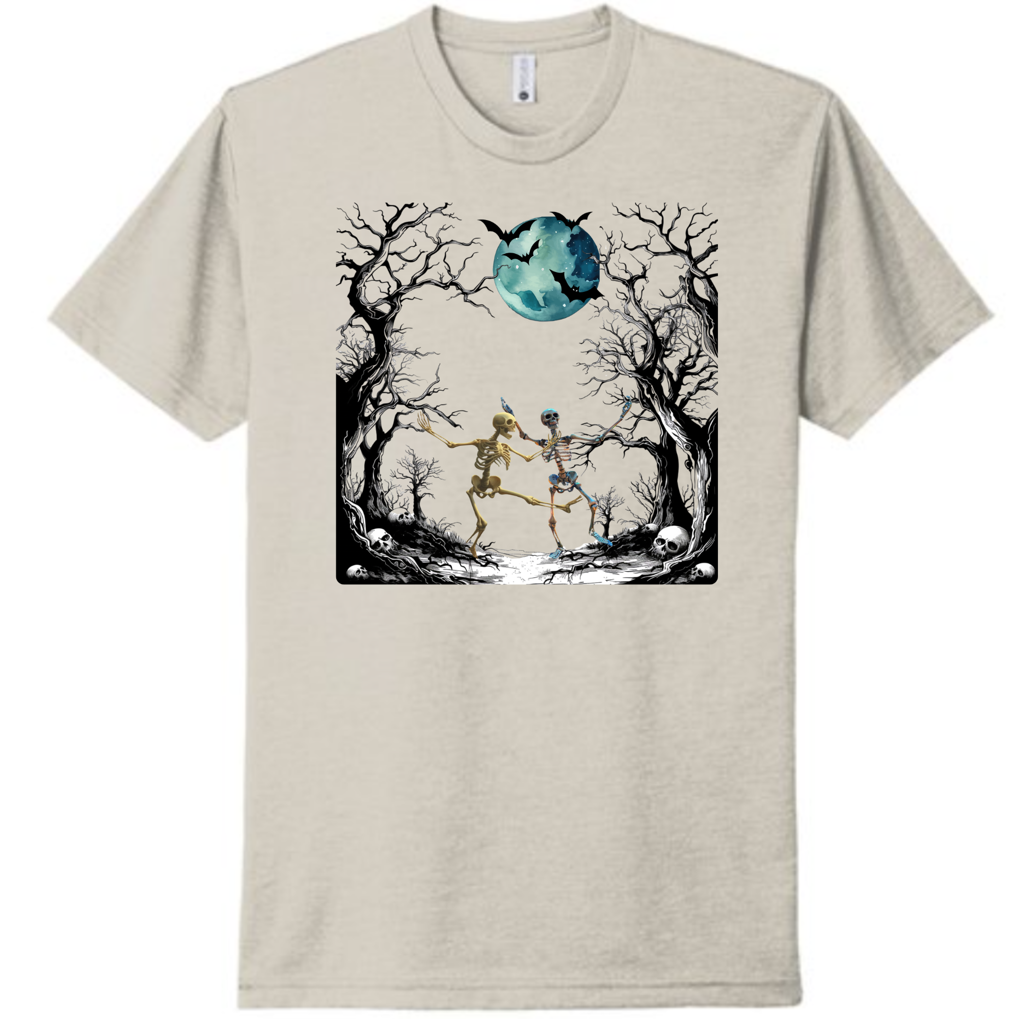 Dancing Skeletons Halloween Graphic Tee T-Shirt Rose's Colored Designs Small Tan