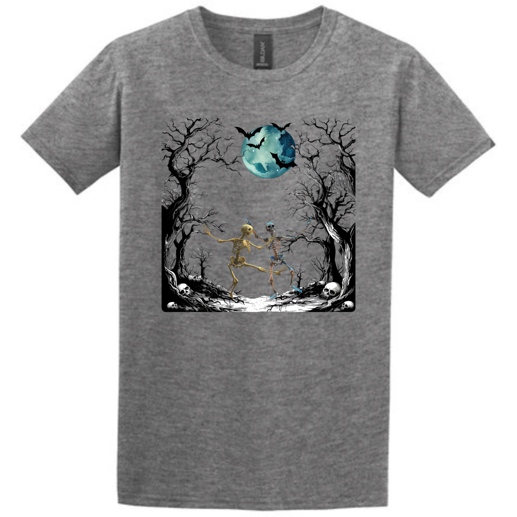 Model wearing Dancing Skeletons Halloween tee outdoors with Halloween decor