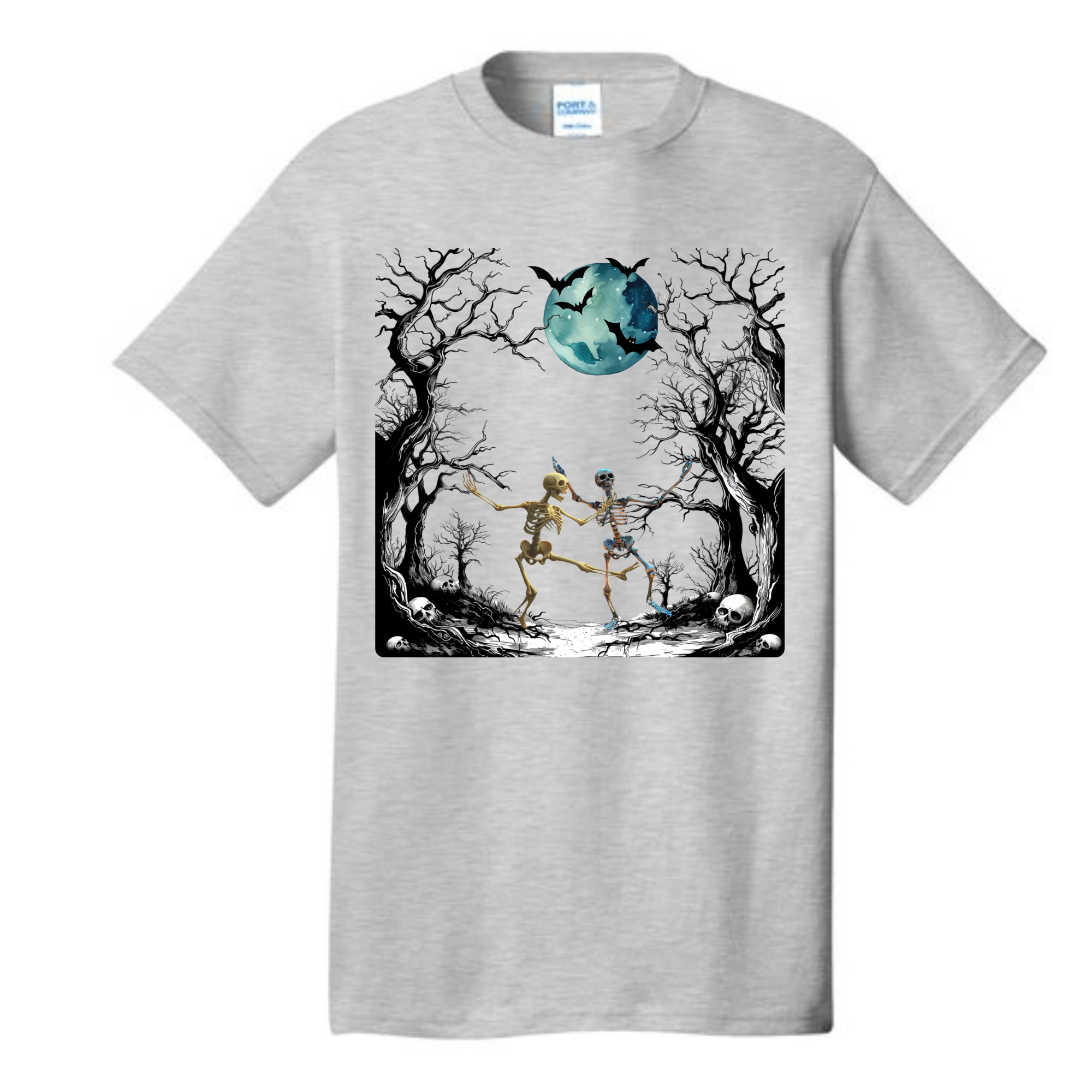 Dancing Skeletons Halloween tee in ash - flat lay