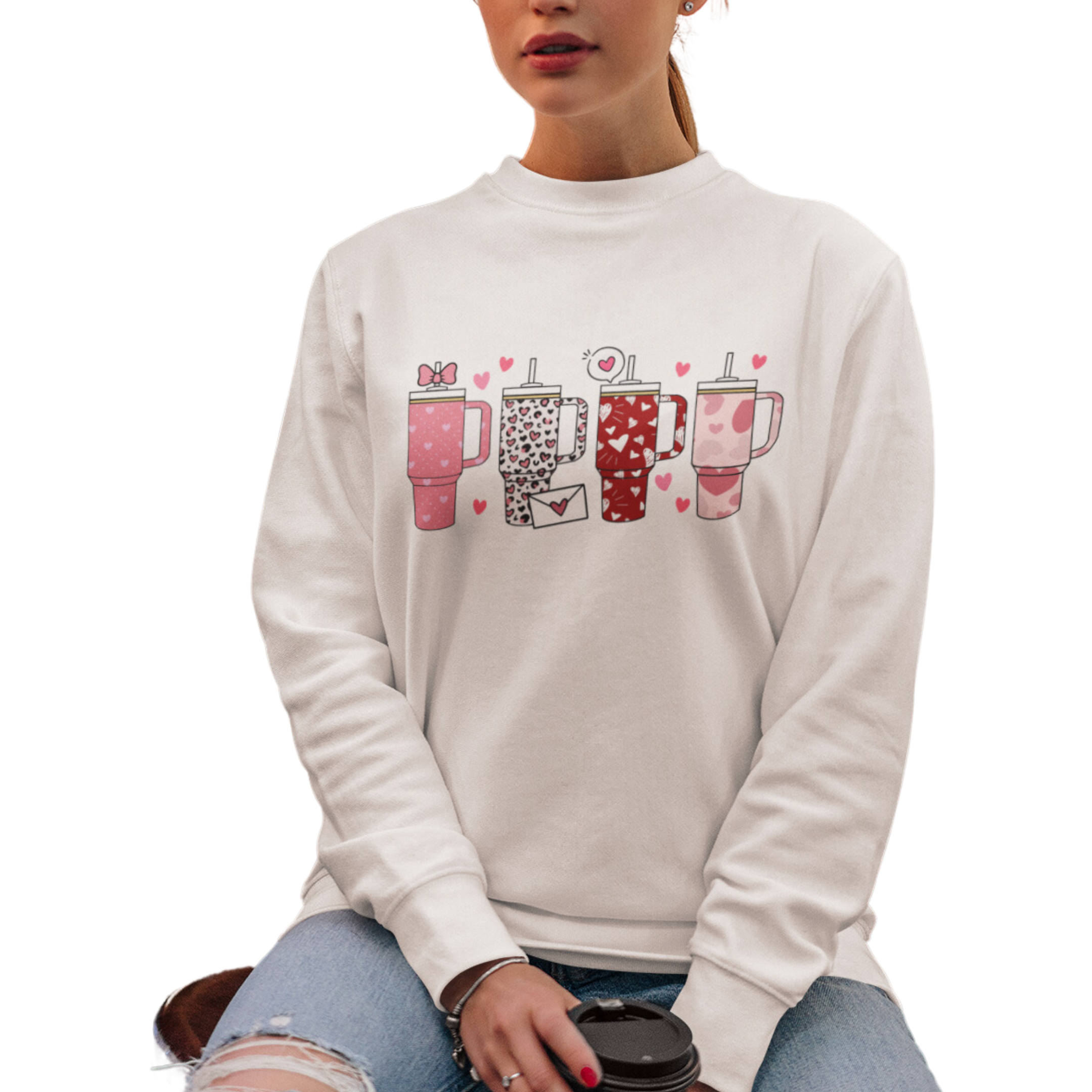 Love My Valentine Cup Tshirt or Sweatshirt Sweatshirt Rose's Colored Designs Sweatshirt White Small