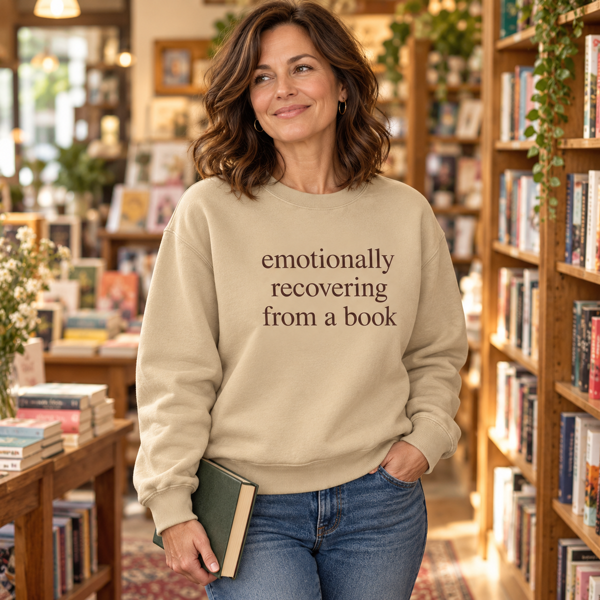 Sand sweatshirt. Size S-3XL, Emotionally recovering from a Book crewneck sweatshirt flat in a book store