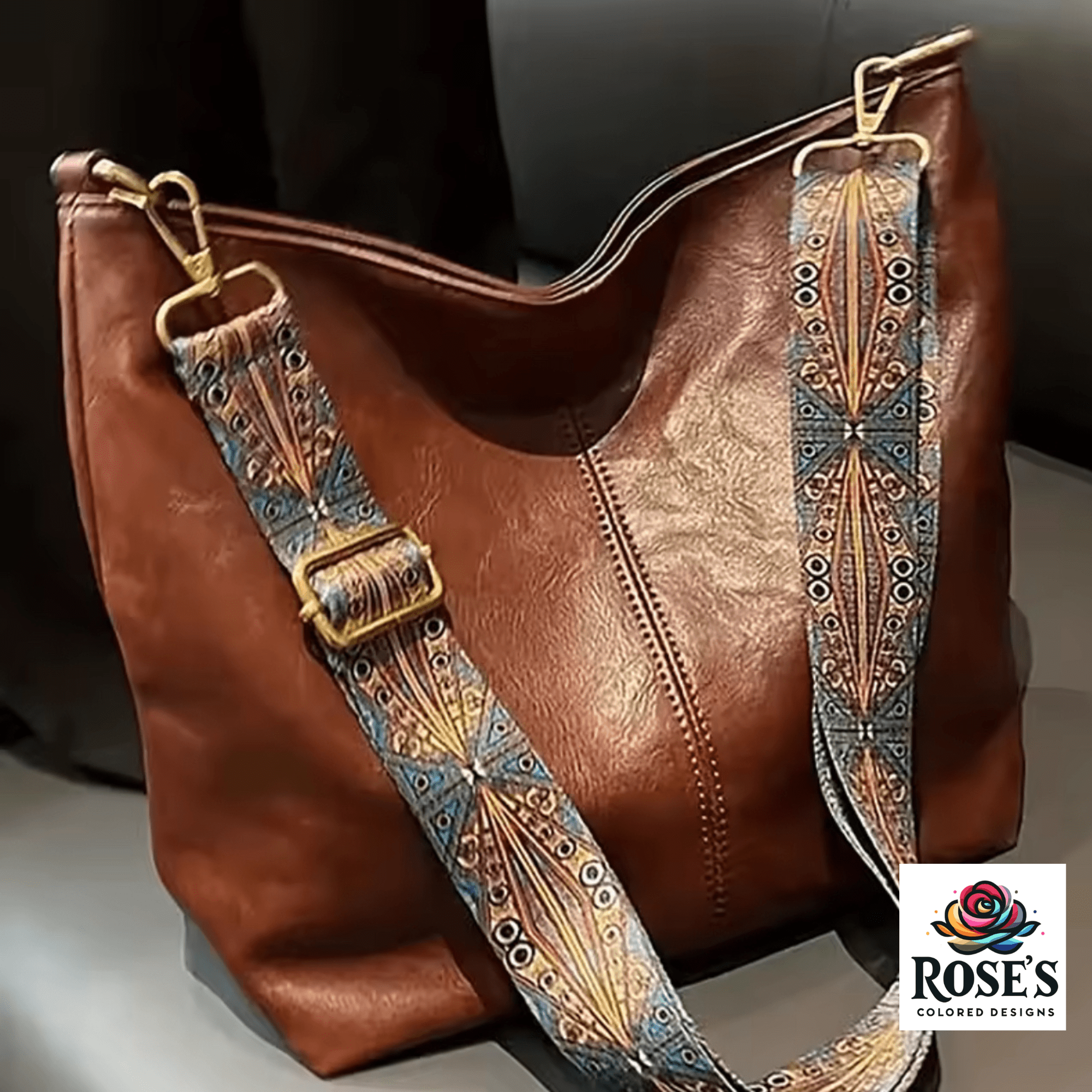 Hands-Free Crossbody Bag with BOHO Embroidered Strap - Grab and Go Bag, Perfect Shopping Companion Tote Rose's Colored Designs
