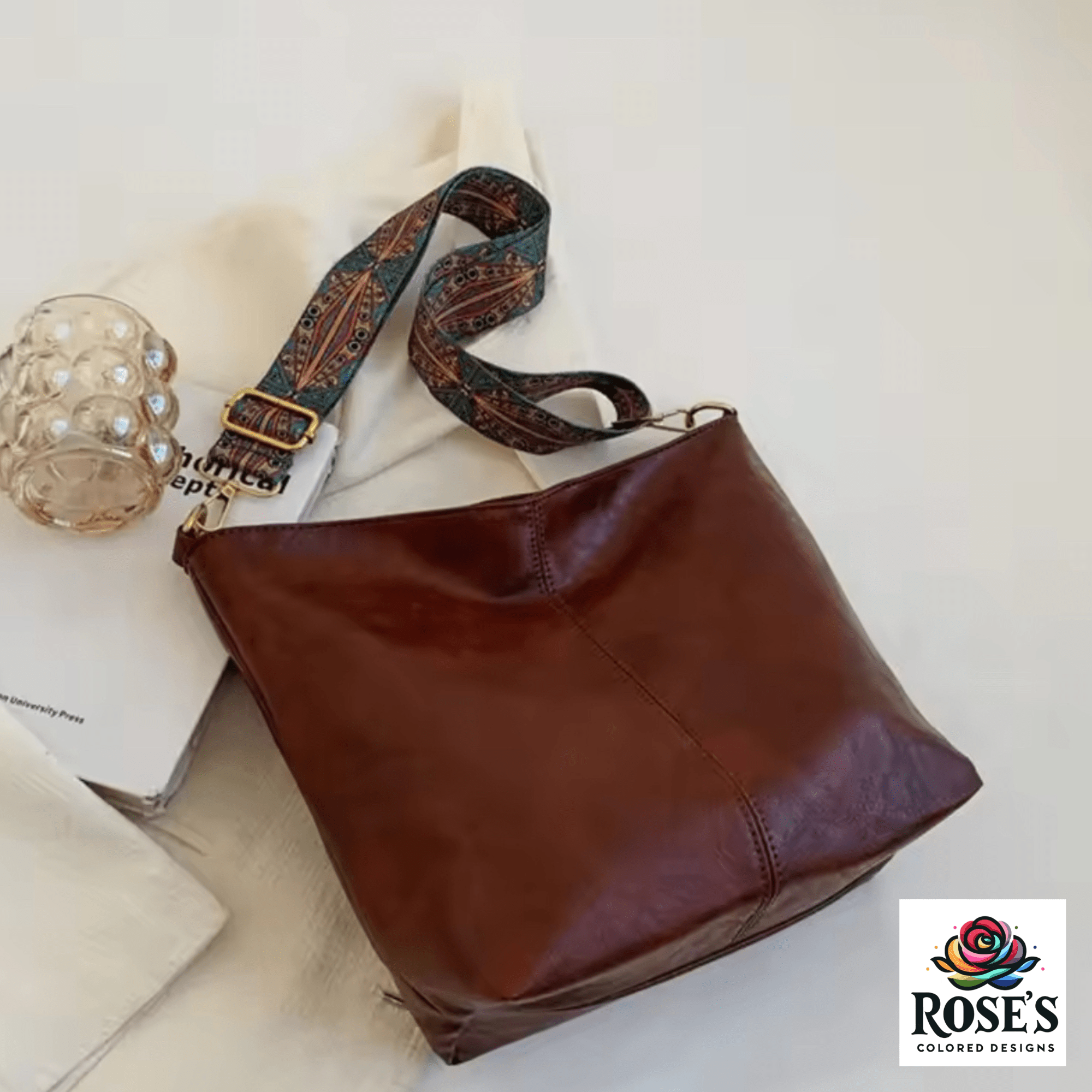Hands - Free Crossbody Bag with BOHO Embroidered Strap - Grab and Go Bag, Perfect Shopping Companion - Rose's Colored Designs